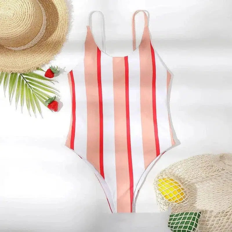 One-piece Bikini One-piece Swimsuit Striped Slimn-Pink-2