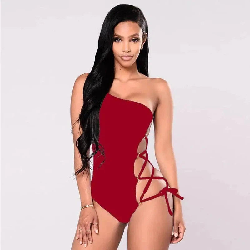 One-shoulder bikini swimsuit with hoop cross strap-Red-4