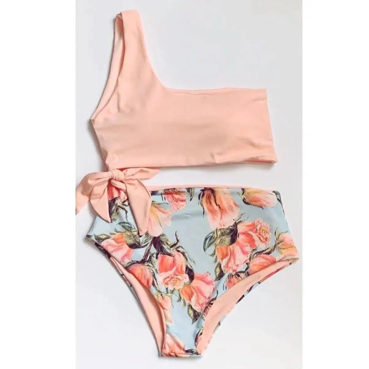 One Shoulder Strap Bikini Print Swimsuit-Pink-6