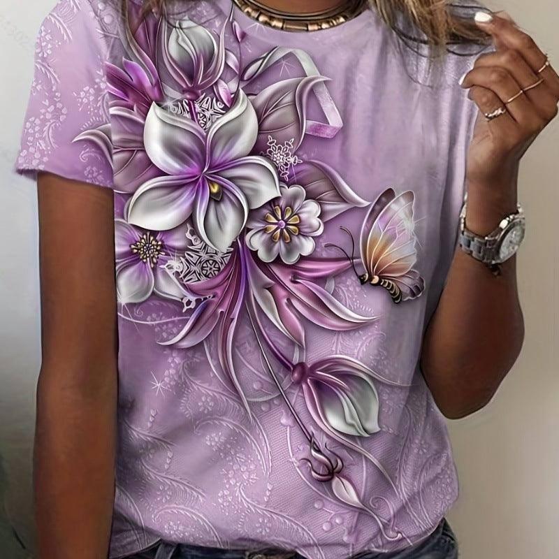 Pattern Round Neck T-shirt Leisure Short Sleeve-Purple-7