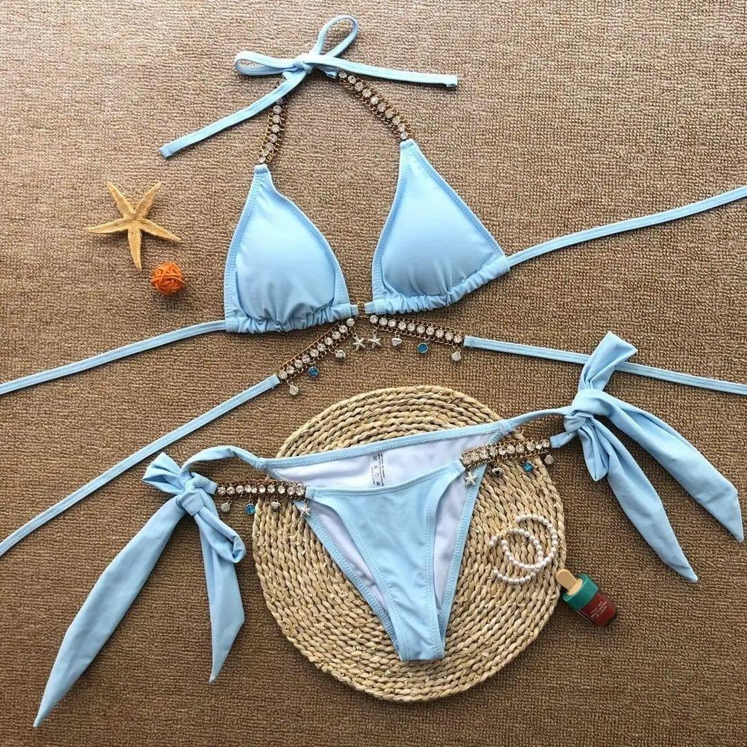 Pendant strap triangle sexy women's swimsuit-Skyblue-7