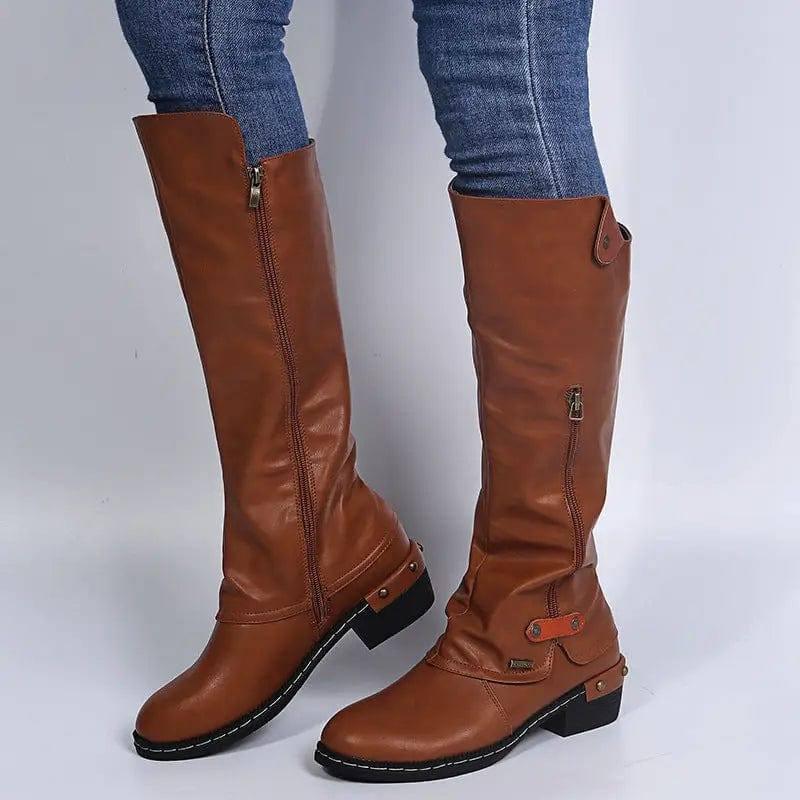 Plus Size Amazon Flat Zipper Women Boots-Brown-2