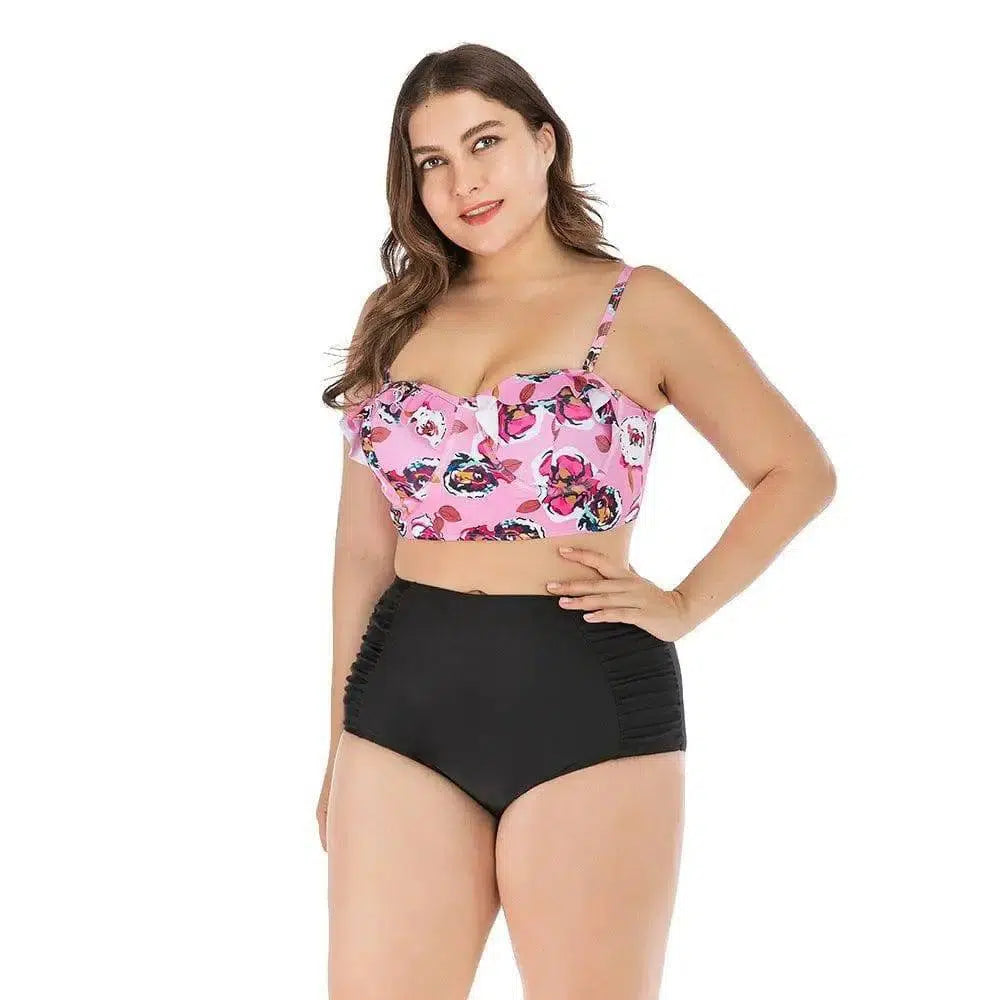 Plus Size High Waist Bikini Swimsuit-Pink-1