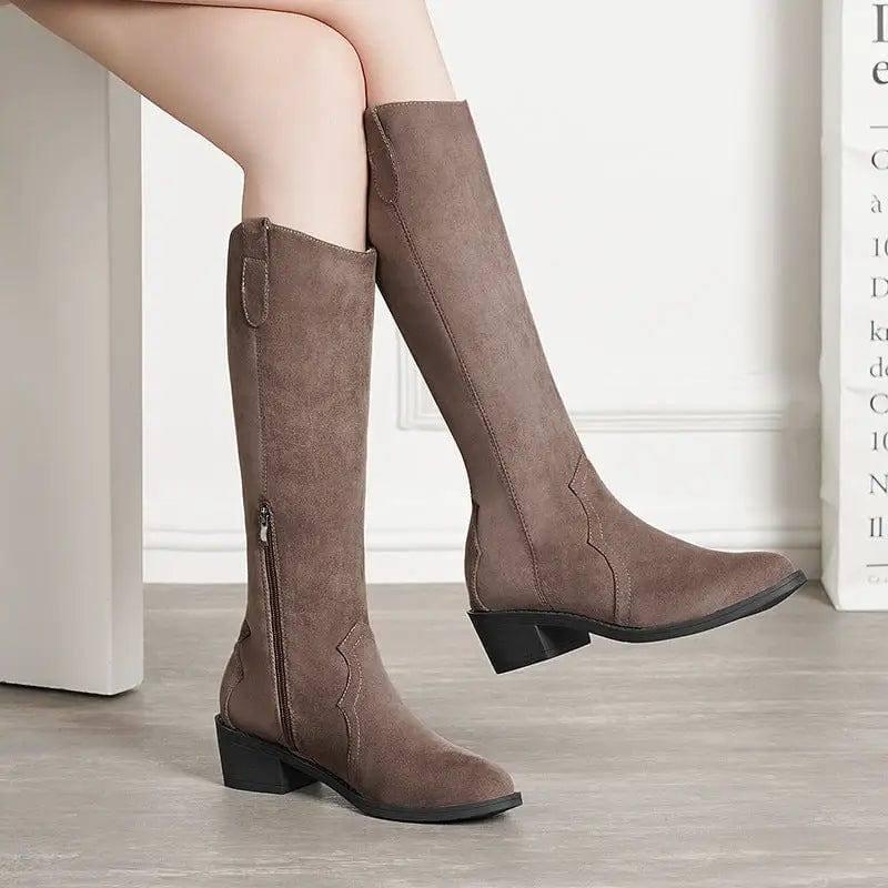 Pointed Toe Cowgirl Boots Women Chunky Mid Heel Shoes-Brown-4