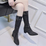 Pointed Toe Thick Heel Denim High Boots For Women-5