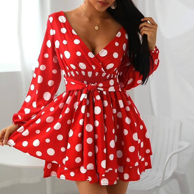 Popular New Waist V-Neck Polka Dot Polka Dot Mini Dress-Red-2