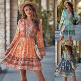 Printed V-neck Waist-controlled Long Sleeves Dress Women-1