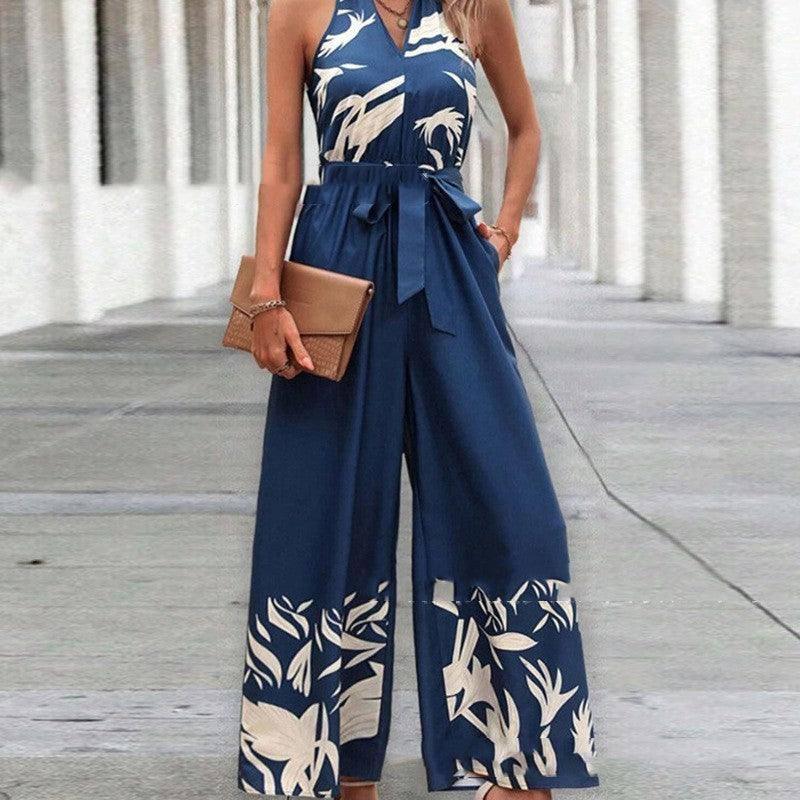 Printing Series Belt Halter Backless Jumpsuit For Women-S-1