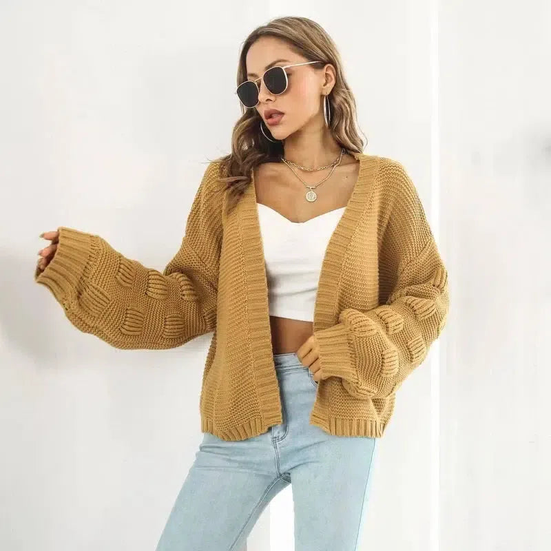 Puff Sleeve Cardigan Sweater Women Clothes Front Chunky-7