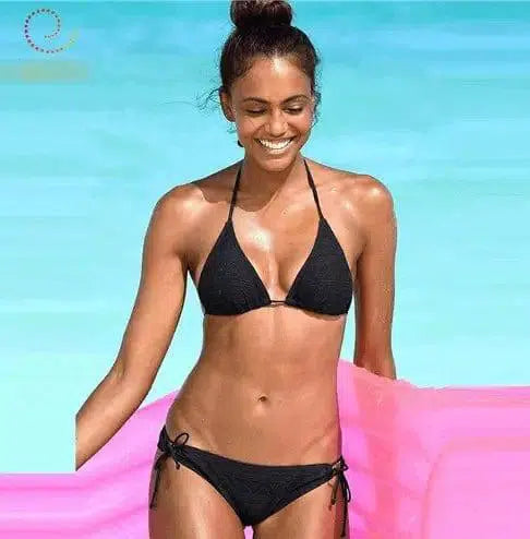 Pure color swimsuit Europe and America split bikini swimsuit-Black-2