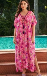 Rayon Rose Red Embroidered Beach Dress Outer Wear-Pink-7