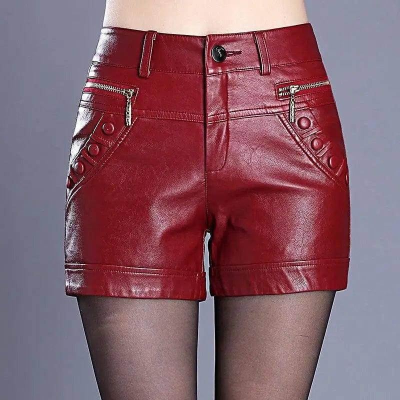 Retro high waist slim slim straight casual pu leather shorts-BH1907red-8