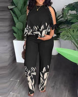 Round Neck Raglan Half Sleeve Beaded Positioning Printed Trousers Suit-Black-3