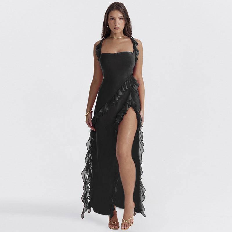 Ruffle Thigh High Split Dress Women Spaghetti Strap-Black-8