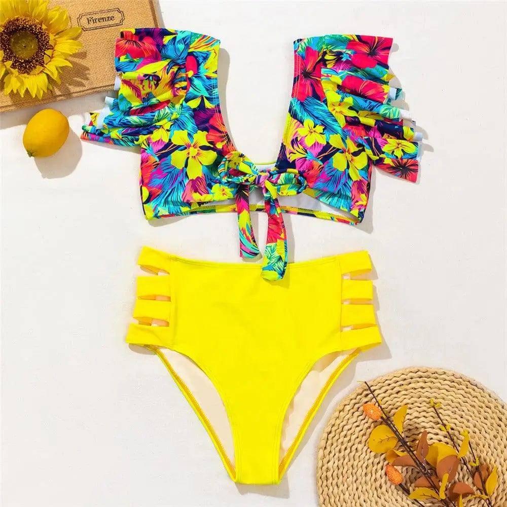 Ruffled Bikini Split Swimsuit European And American Sexy-Yellow-7