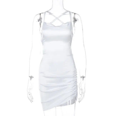 Satin Women Strap Mini Dress Ruched-WHITE-10