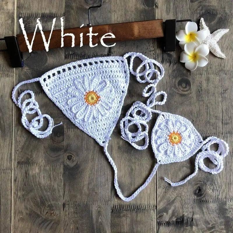 Sexy Beach Hollow Bikini Bottoms Handmade Crochet Sunflower-White-1