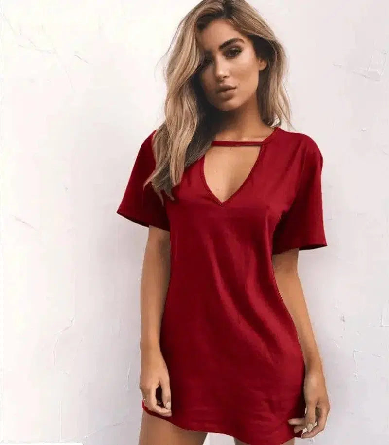 deep V short-sleeved T-shirt loose casual dress-8