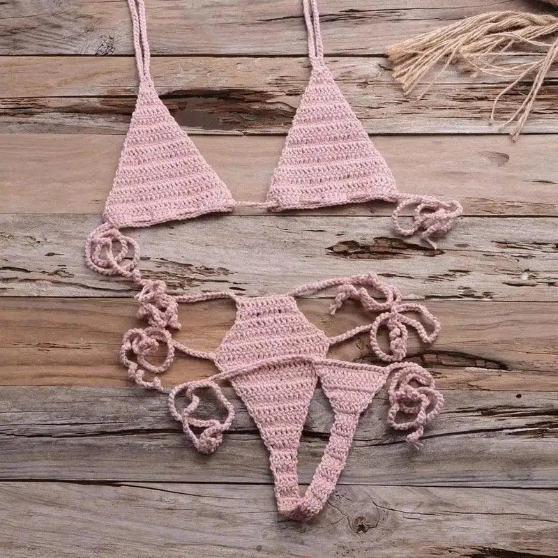 Hand Woven Beach Bikini Swimsuit-Pink-2