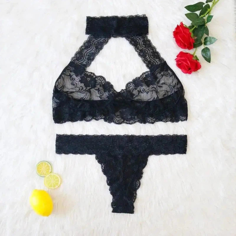 Lace Deep V Hollow Halter Neck Fat MM Suit-1