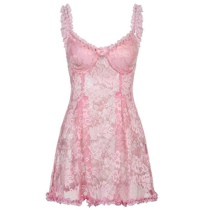 Sexy lace perspective lace camisole dress with V-neck,-2