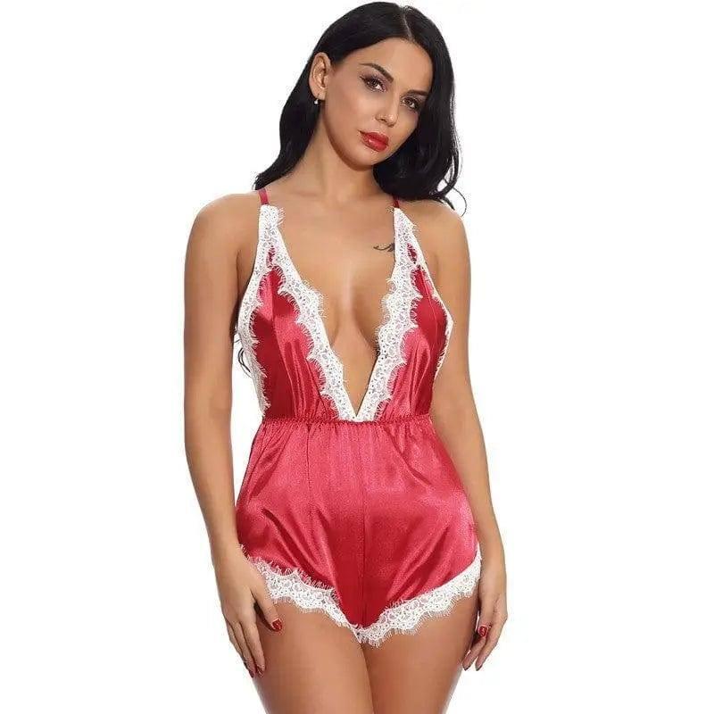 Sexy Lingerie Satin Lace Sexy Pajamas Back Cross Stretch-Red-6