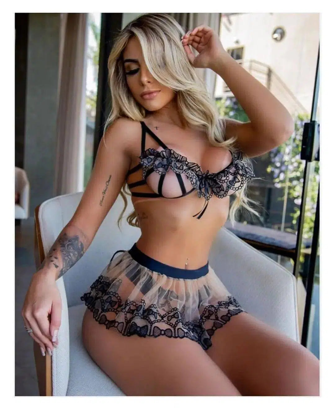 Sexy Lingerie Strap Three-Piece Embroidered Lace Mesh-1