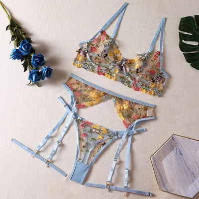 See-Through Yellow Garden Floral Bra Garter Belt Thong-Sky Blue-3