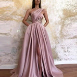 Sexy Slit Slanted Shoulder Dress Long Skirt Evening Dress-4