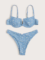 Small Floral Bikini Split Female Swimsuit-Blue-5