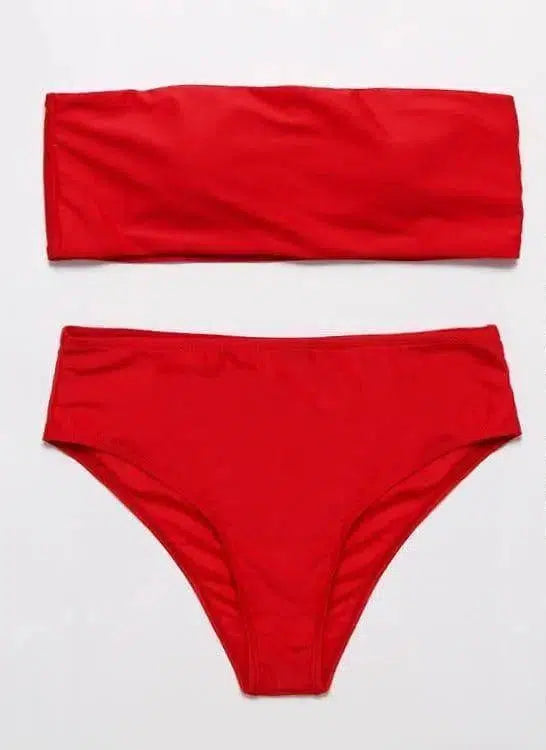 Solid Color Tube Top Two-piece Swimsuit-Red-7