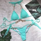 Sexy Strappy Plain Female Split Crystal Diamond Bikini-Green-3