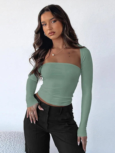 Tube Top Cinched Waist T-shirt Long Sleeve Tight Two-piece Blouse Women's Top-Pine Green-12