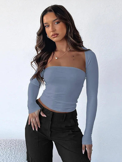 Tube Top Cinched Waist T-shirt Long Sleeve Tight Two-piece Blouse Women's Top-Dark Blue-13