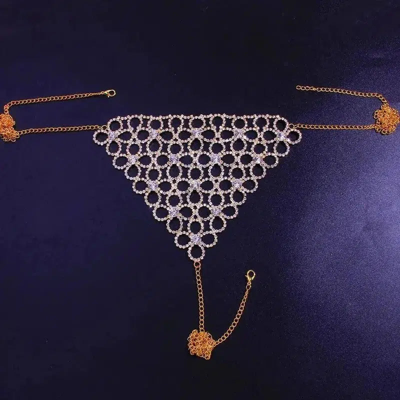 Shiny Bikini Set with Rhinestone Hollow Flower Body-Gold-3