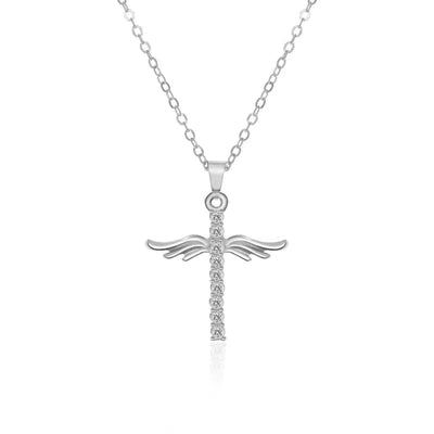 Simple Cross Diamond Angel Wings Pendant-Silver-3