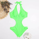 Simple Solid Color Hollow One-piece Bikini Swimsuit-Green-4