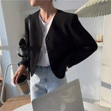 Simple V-neck Single-Breasted Casual Suit Jacket Women-Black-1