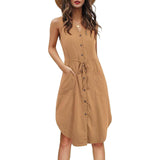 Sleeveless V-neck Buttoned Dress With Pockets Fashion Casual-Khaki-9