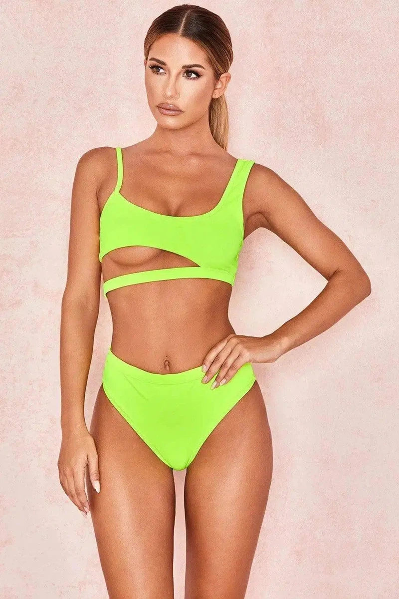 Solid color bikini cutout split swimsuit triangle-Green-3