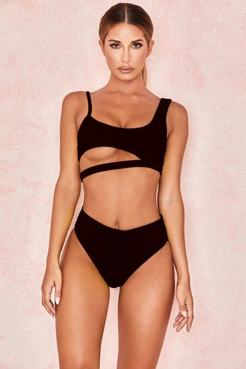 Solid color bikini cutout split swimsuit triangle-Black-4