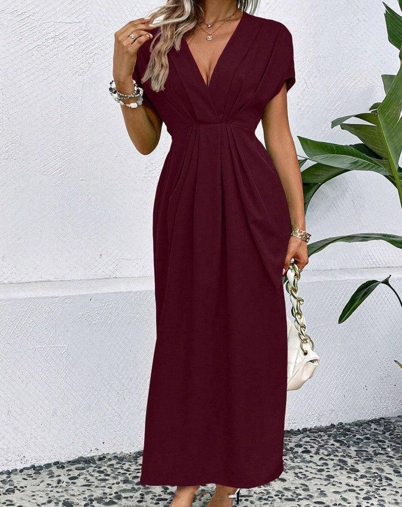 Solid Color Deep V Shoulder Sleeve Folding Elastic Waist-Reddish Brown-13