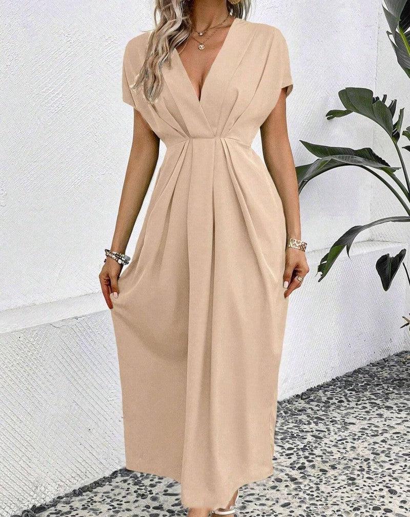 Solid Color Deep V Shoulder Sleeve Folding Elastic Waist-Apricot-9