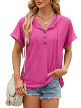 Solid Color Hooded Button T-shirt Loose Hollow Design-Barbie Pink-12