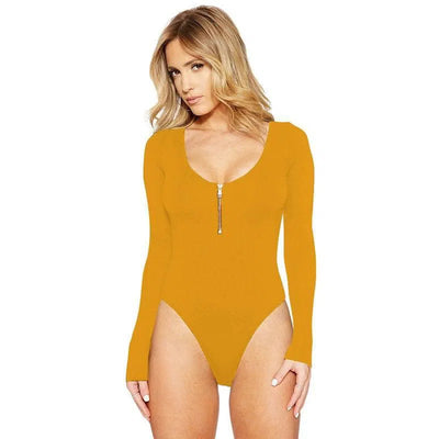 Solid Color Long Sleeve Open Crotch Tight Jumpsuit Zipper-Yellow-4