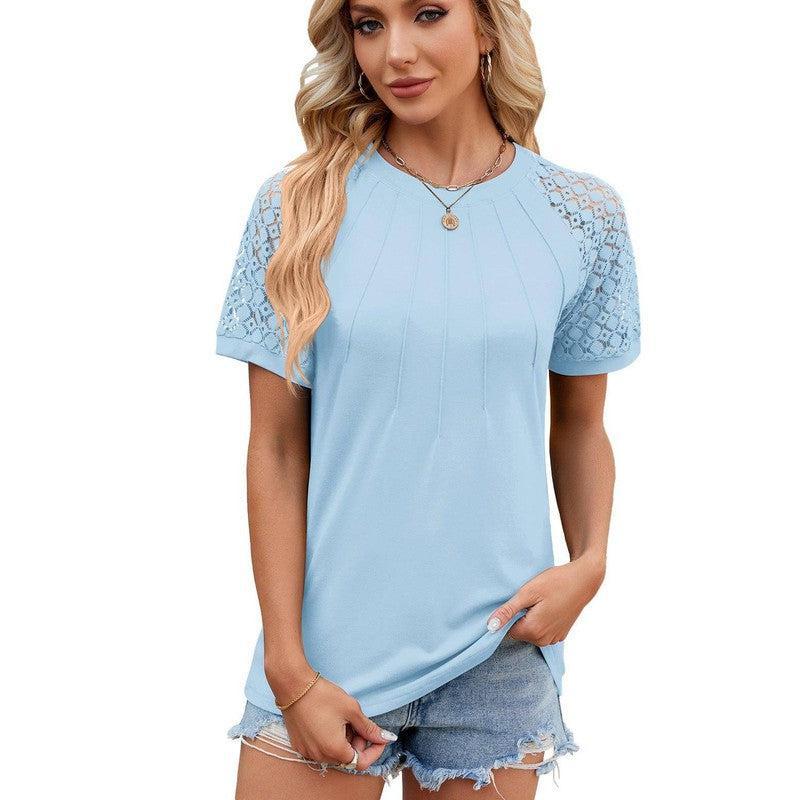 Solid Color Round Neck Top Women's Lace Hollow Design Short Sleeve T-Shirt Summer Womens Clothing-Sky Blue-8