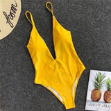 Solid color one-piece swimsuit deep V-neck back pleated-Yellow-2