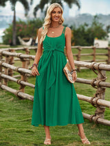 Solid Color Suspender Long Dress Spring And Summer Bow Waist-Green-7