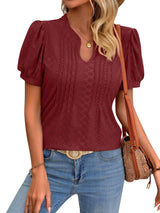 Solid Color V-neck Puff Short-sleeved T-shirt Fashion Summer-Wine Red-3