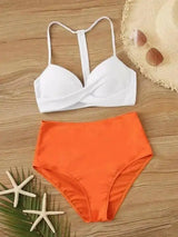 Solid white and orange bikini set-Whiteorange-2